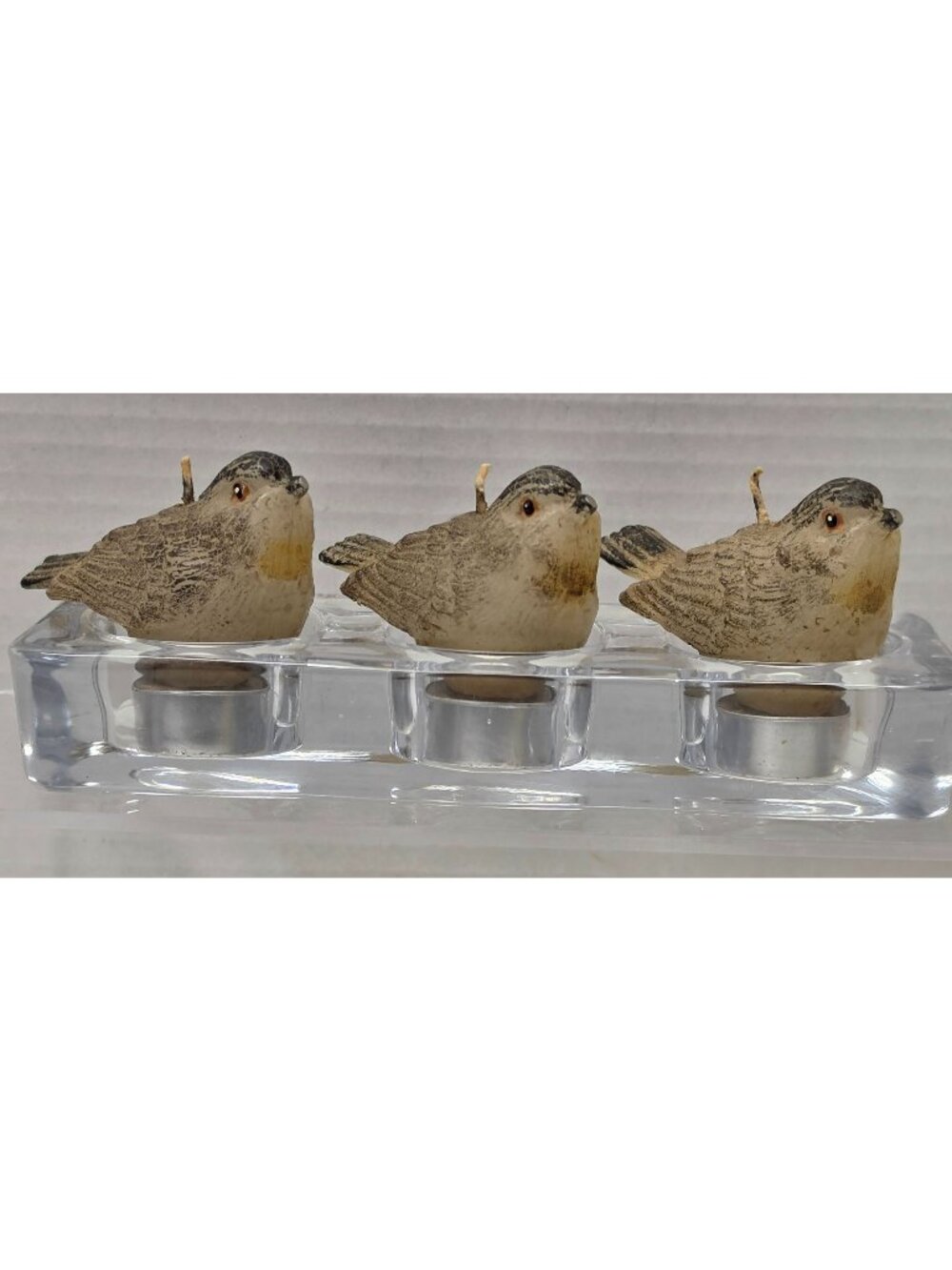 Set of 3 Bird Shaped Candles w/ Heavy Clear Glass Triple Tealight Holder